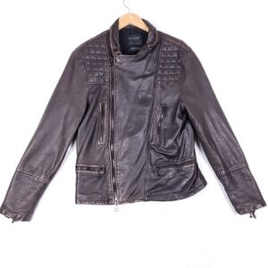 All Saints Spitalfields Quilted Leather Moto Jacket Brown XL Distressed Biker